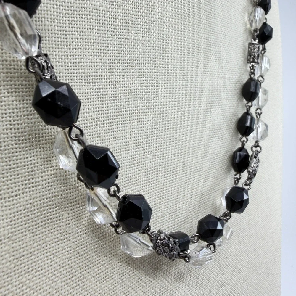 Black Clear Faceted Bead Double Strand Necklace Gunmetal Gothic Statement Gift